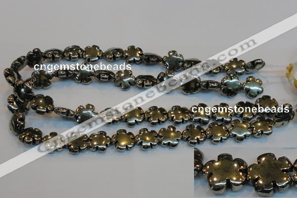 CPY164 15.5 inches 16mm carved flower pyrite gemstone beads wholesale