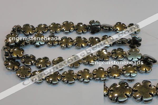 CPY165 15.5 inches 20mm carved flower pyrite gemstone beads wholesale