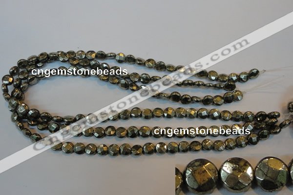 CPY341 15.5 inches 8mm faceted coin pyrite gemstone beads wholesale