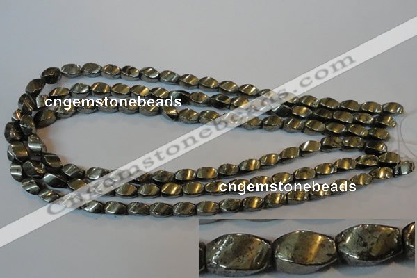 CPY345 15.5 inches 6*10mm twisted rice pyrite gemstone beads wholesale