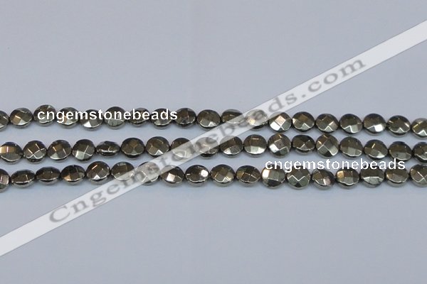 CPY626 15.5 inches 10mm faceted coin pyrite gemstone beads