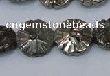 CPY660 15.5 inches 15mm carved flower pyrite gemstone beads