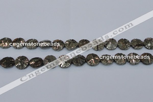 CPY661 15.5 inches 16mm carved flower pyrite gemstone beads