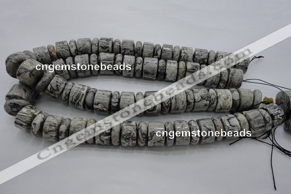 CRB196 15.5 inches 6*18mm – 13*18mm rondelle grey picture jasper beads