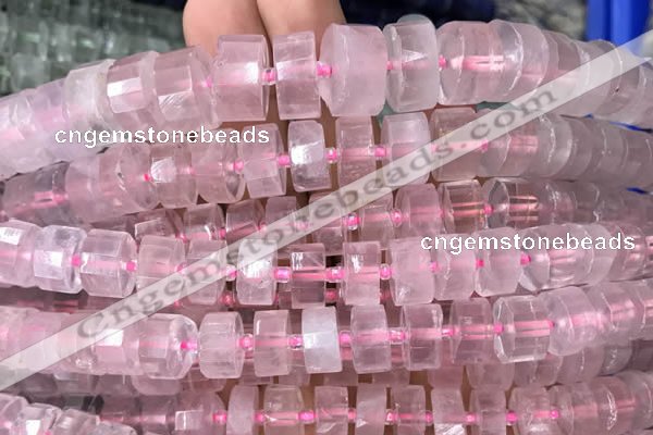 CRB2006 15.5 inches 9mm - 10mm faceted tyre rose quartz beads