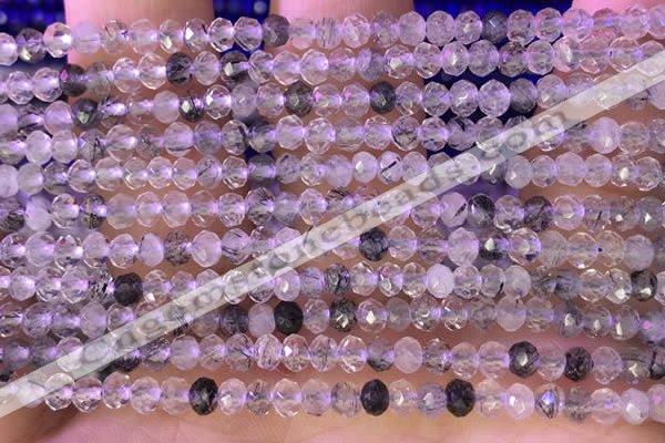 CRB2265 15.5 inches 3*4mm faceted rondelle black rutilated quartz beads