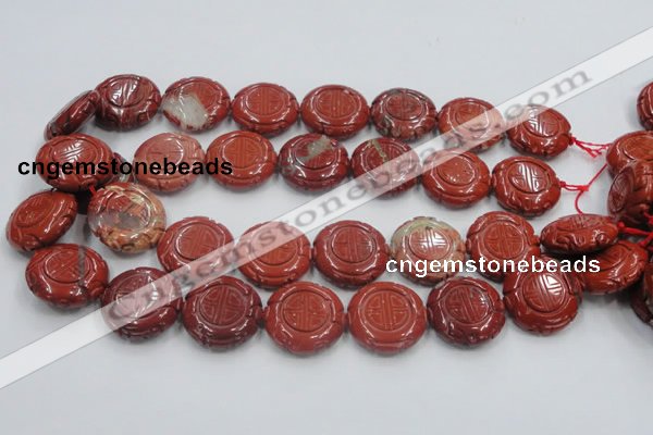 CRE20 16 inches 25mm carved coin natural red jasper beads wholesale