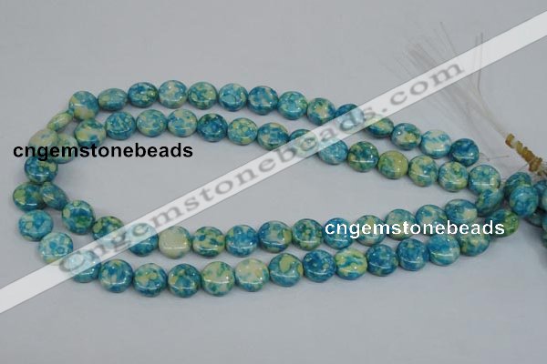 CRF117 15.5 inches 12mm flat round dyed rain flower stone beads