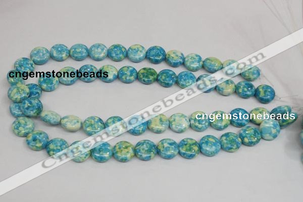 CRF118 15.5 inches 14mm flat round dyed rain flower stone beads