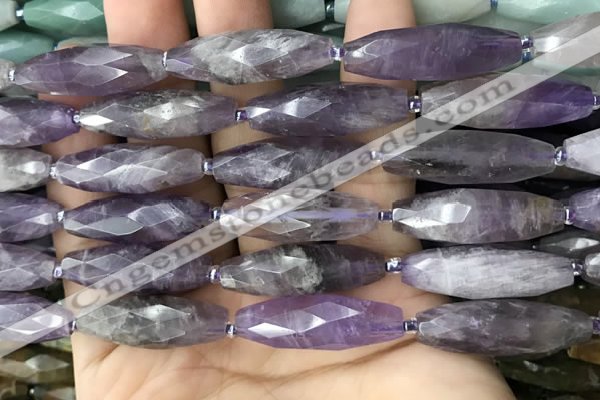 CRI118 15.5 inches 10*30mm faceted rice amethyst gemstone beads