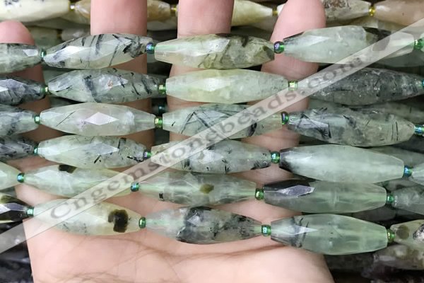 CRI133 15.5 inches 10*30mm faceted rice green rutilated quartz beads