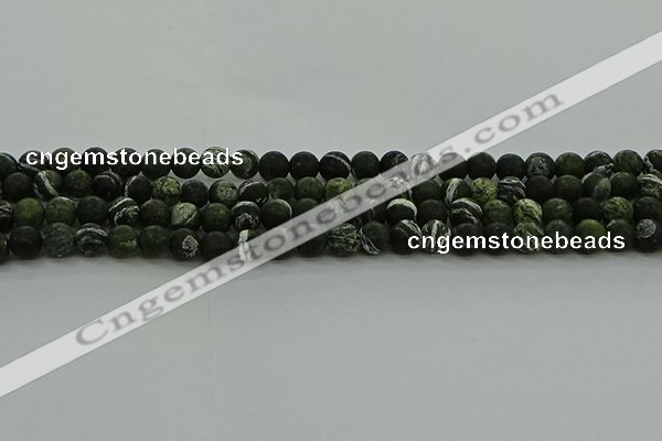 CRO1121 15.5 inches 6mm round matte green silver line jasper beads