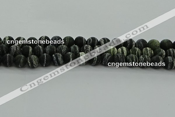 CRO1124 15.5 inches 12mm round matte green silver line jasper beads