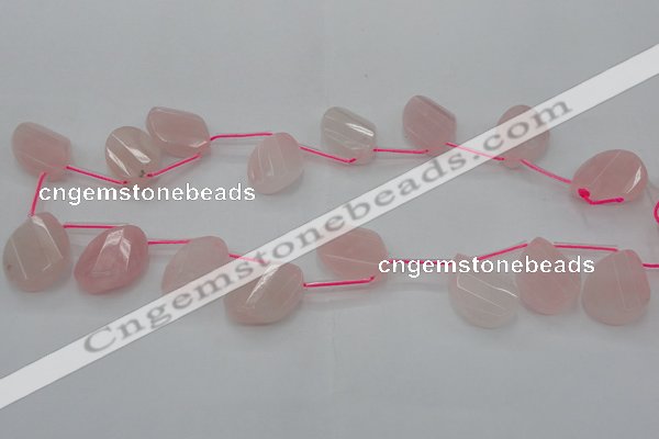 CRQ735 18*25mm faceted & twisted flat teardrop rose quartz beads