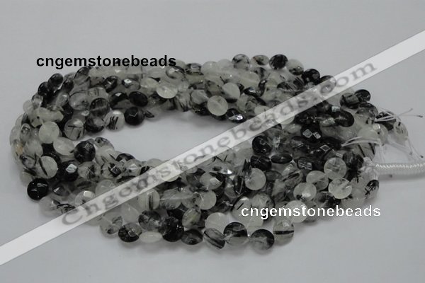 CRU02 15.5 inches 10mm faceted flat round black rutilated quartz beads