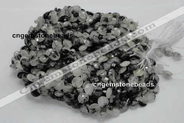 CRU03 15.5 inches 12mm faceted flat round black rutilated quartz beads