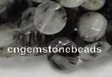 CRU04 15.5 inches 15mm faceted flat round black rutilated quartz beads