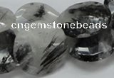 CRU05 15.5 inches 25mm faceted flat round black rutilated quartz beads