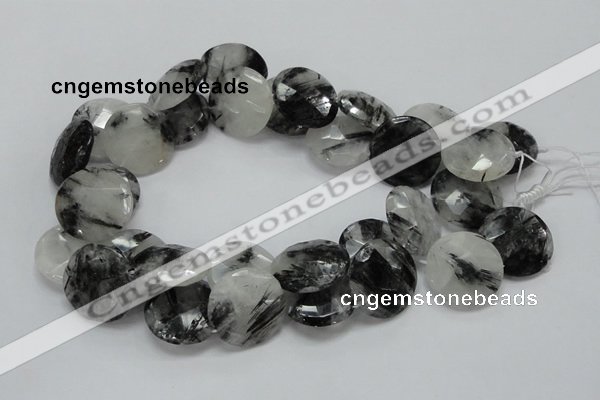 CRU05 15.5 inches 25mm faceted flat round black rutilated quartz beads