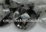 CRU06 15.5 inches 30mm faceted flat round black rutilated quartz beads