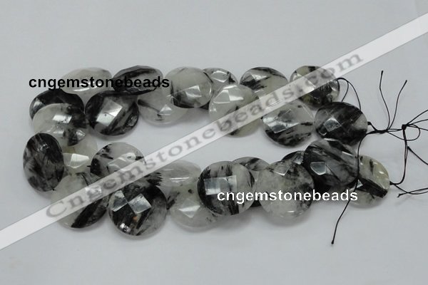 CRU06 15.5 inches 30mm faceted flat round black rutilated quartz beads