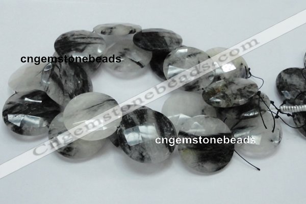 CRU07 15.5 inches 40mm faceted flat round black rutilated quartz beads