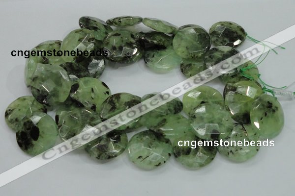 CRU117 15.5 inches 30mm faceted coin green rutilated quartz beads