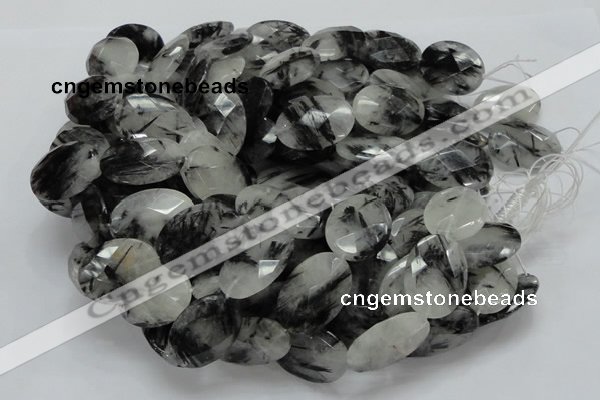 CRU18 15.5 inches 22*25mm faceted oval black rutilated quartz beads