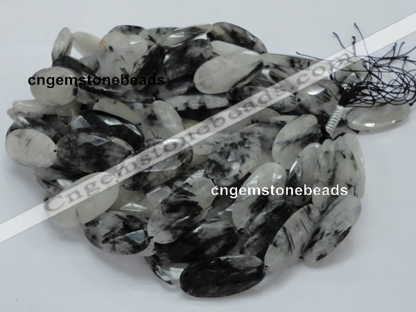 CRU20 15.5 inches 20*40mm faceted oval black rutilated quartz beads