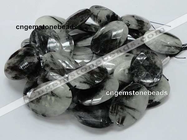 CRU21 15.5 inches 35*50mm faceted oval black rutilated quartz beads