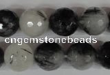 CRU316 15.5 inches 14mm faceted round black rutilated quartz beads