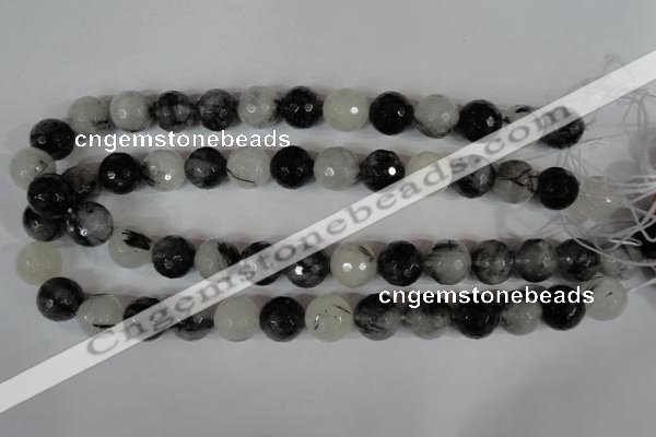 CRU316 15.5 inches 14mm faceted round black rutilated quartz beads