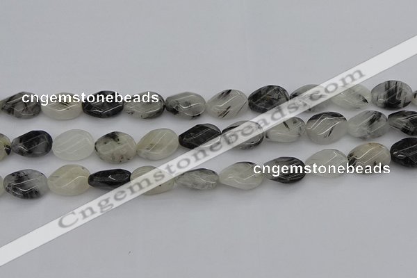 CRU354 13*18mm twisted & faceted oval black rutilated quartz beads