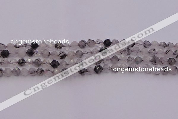 CRU511 15.5 inches 6mm faceted nuggets black rutilated quartz beads