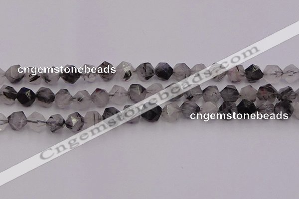 CRU513 15.5 inches 10mm faceted nuggets black rutilated quartz beads