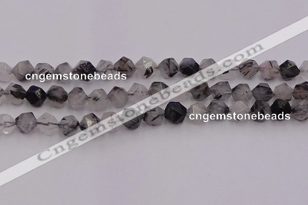 CRU514 15.5 inches 12mm faceted nuggets black rutilated quartz beads