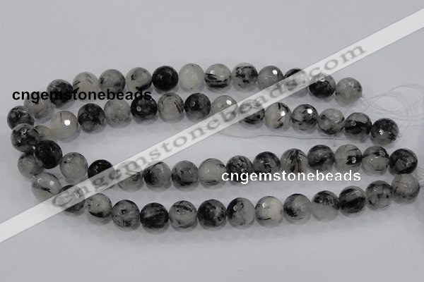 CRU61 15.5 inches 14mm faceted round black rutilated quartz beads