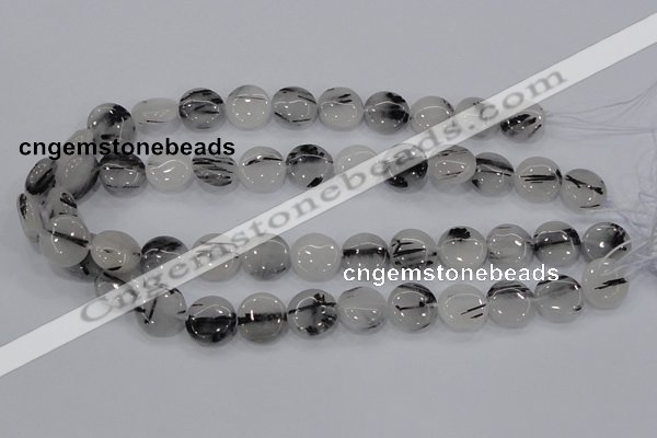 CRU80 15.5 inches 14mm flat round black rutilated quartz beads