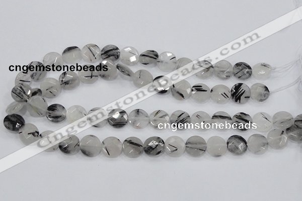 CRU93 15.5 inches 14mm faceted coin black rutilated quartz beads