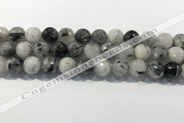 CRU935 15.5 inches 13mm faceted round black rutilated quartz beads