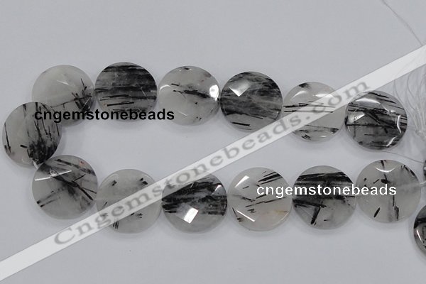 CRU95 15.5 inches 30mm faceted coin black rutilated quartz beads