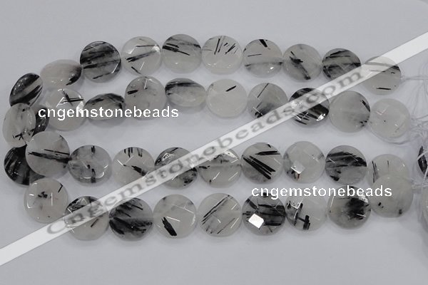 CRU98 15.5 inches 22mm faceted coin black rutilated quartz beads