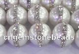 CSB1503 15.5 inches 12mm round shell pearl with rhinestone beads