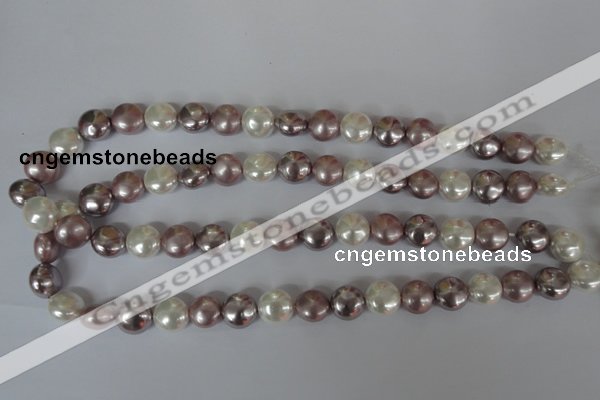 CSB184 15.5 inches 12mm flat round mixed color shell pearl beads