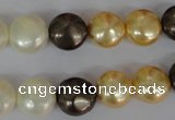 CSB185 15.5 inches 12mm flat round mixed color shell pearl beads
