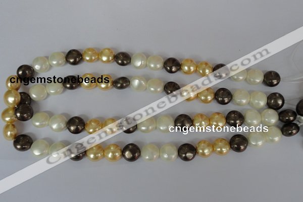 CSB185 15.5 inches 12mm flat round mixed color shell pearl beads