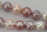 CSB493 15.5 inches 14mm faceted round mixed color shell pearl beads