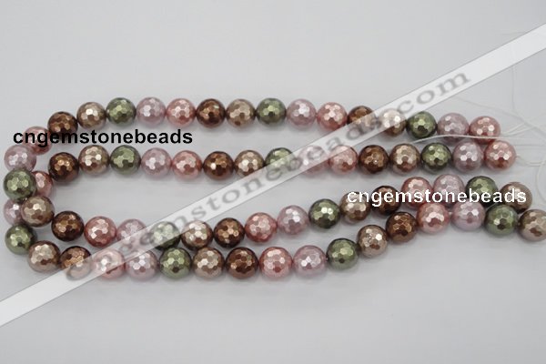 CSB502 15.5 inches 12mm faceted round mixed color shell pearl beads