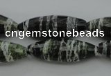 CSJ108 15.5 inches 10*30mm faceted rice green silver line jasper beads