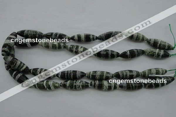 CSJ108 15.5 inches 10*30mm faceted rice green silver line jasper beads